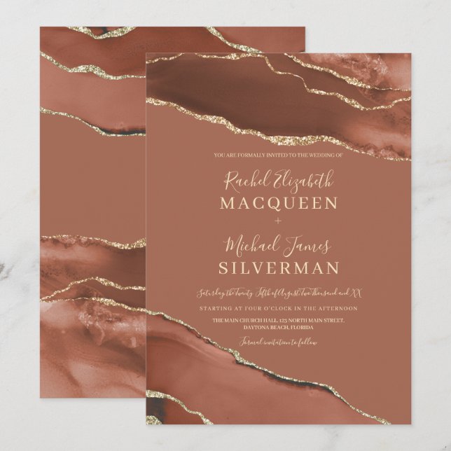 Earth Tone Terracotta Gold Agate Marble Wedding Invitation (Front/Back)