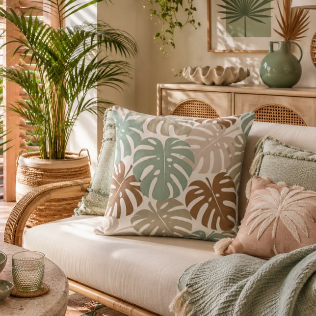 Earth Tone Tropical Monstera Leaves Pattern Throw Pillow (Creator Uploaded)