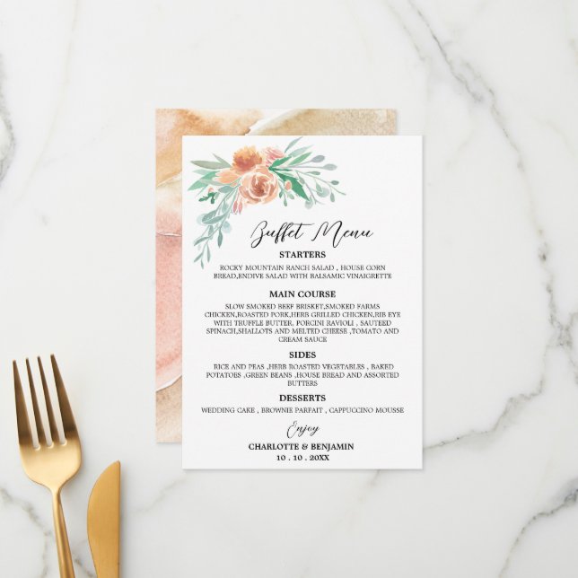 Earth Tone Watercolor Floral Wedding Buffet Menu  (Front/Back In Situ)