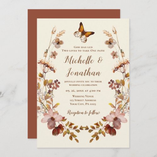 Earth Tone Wildflowers Wreath Christian Wedding Invitation