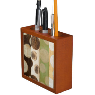 Earth Tone Wood Panel Painting with Circles Pencil/Pen Holder
