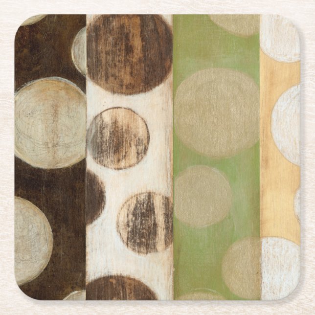 Earth Tone Wood Panel Painting with Circles Square Paper Coaster (Front)