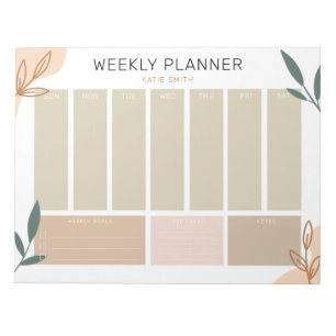 Earth-Toned Abstract & Green Leaves Weekly Planner Notepad