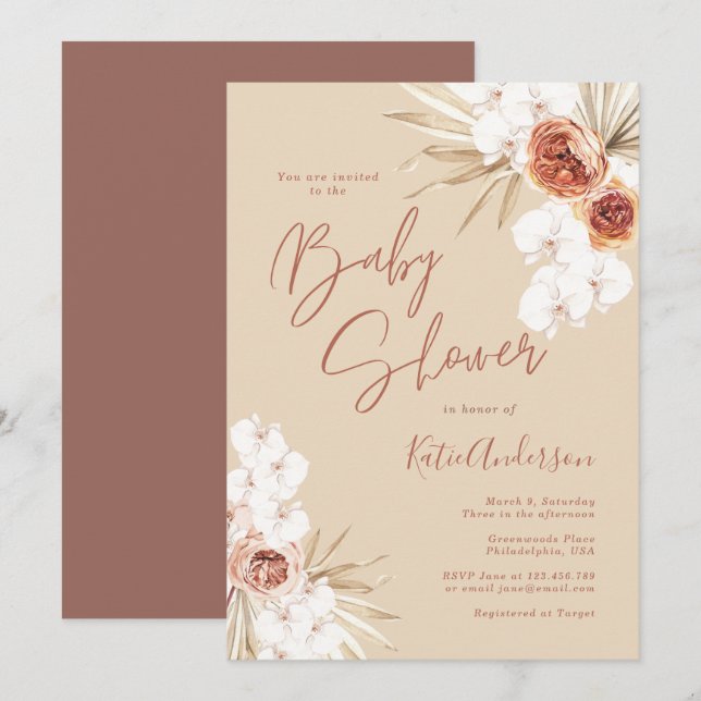 Earth Toned Pampas Grass Boho Baby Shower Invitation (Front/Back)