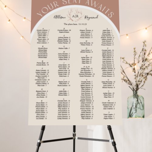 Earth tones arched alphabetical seating chart foam board