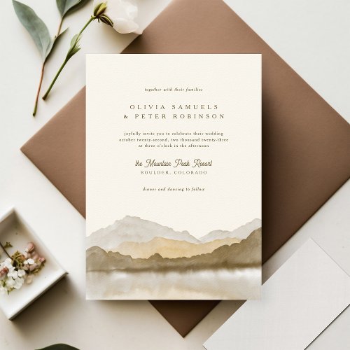 Earth Tones Boho Watercolor Mountain Photo Wedding Invitation