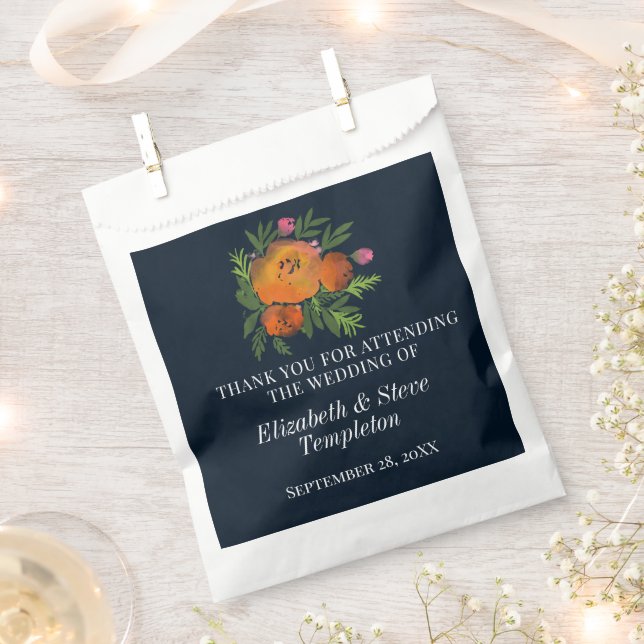 Earth Tones Burnt Orange Navy Floral Wedding Favor Bag (Clipped)