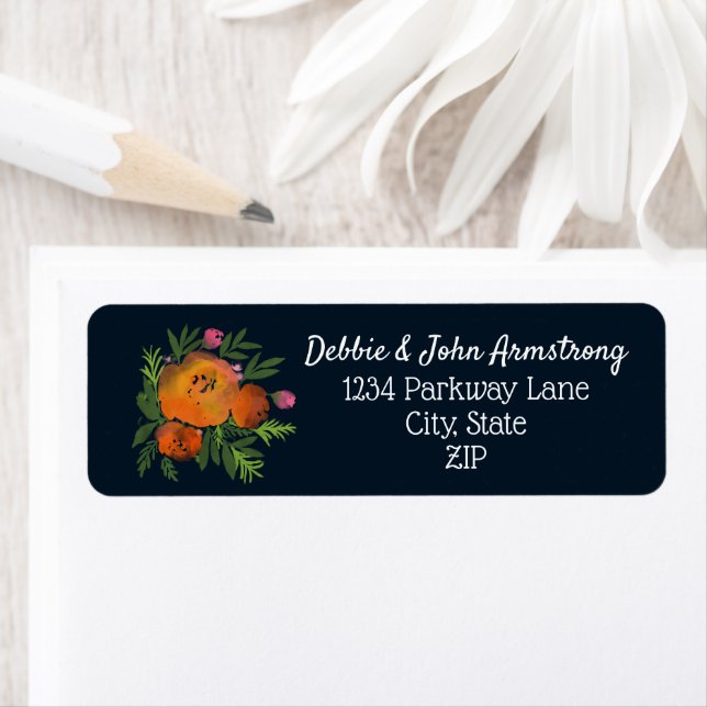 Earth Tones Burnt Orange Navy Floral Wedding Label (Insitu)
