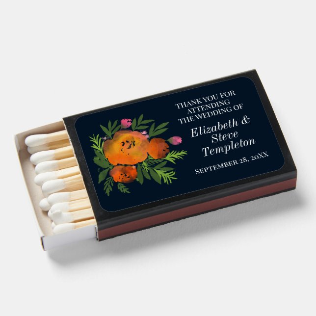 Earth Tones Burnt Orange Navy Floral Wedding Matchboxes (Front Open)