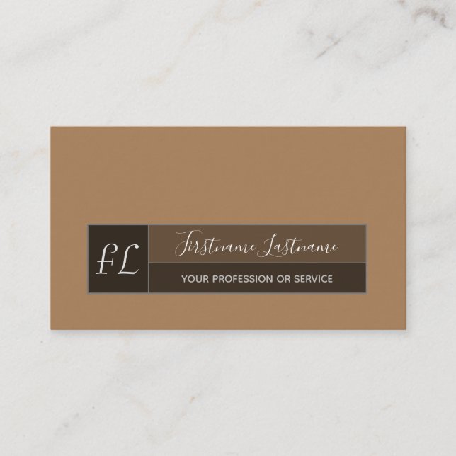Earth tones calligraphy gray rectangle monogram business card (Front)