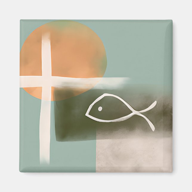 Earth tones cross and fish minimalist art  magnet (Front)