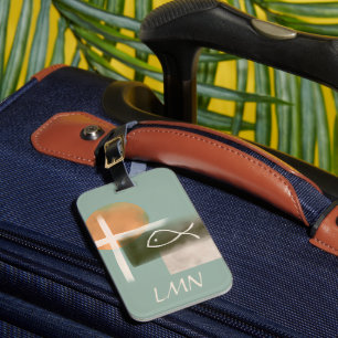 Earth tones cross and fish minimalist art monogram luggage tag