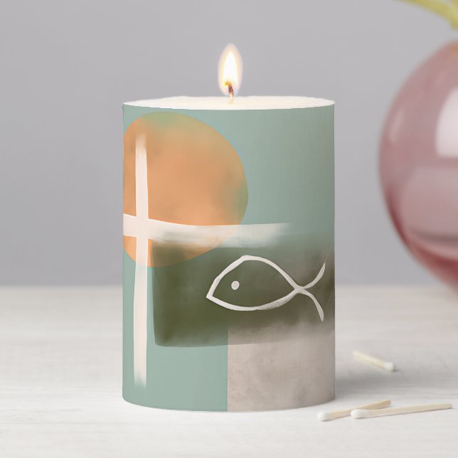 Earth tones cross and fish minimalist art  pillar candle (In Situ)