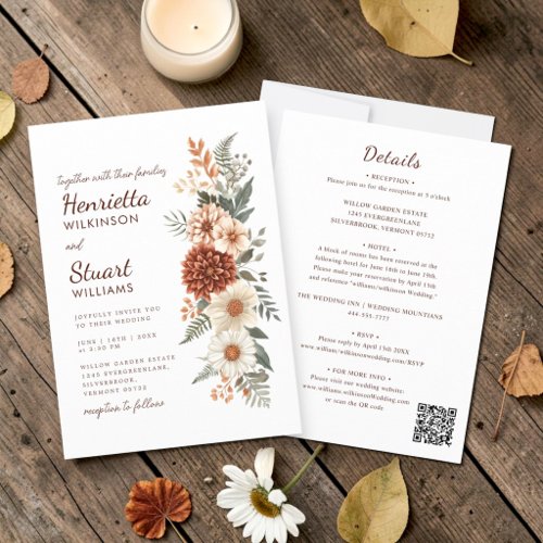 Earth Tones Floral all in one Wedding Invitation 
