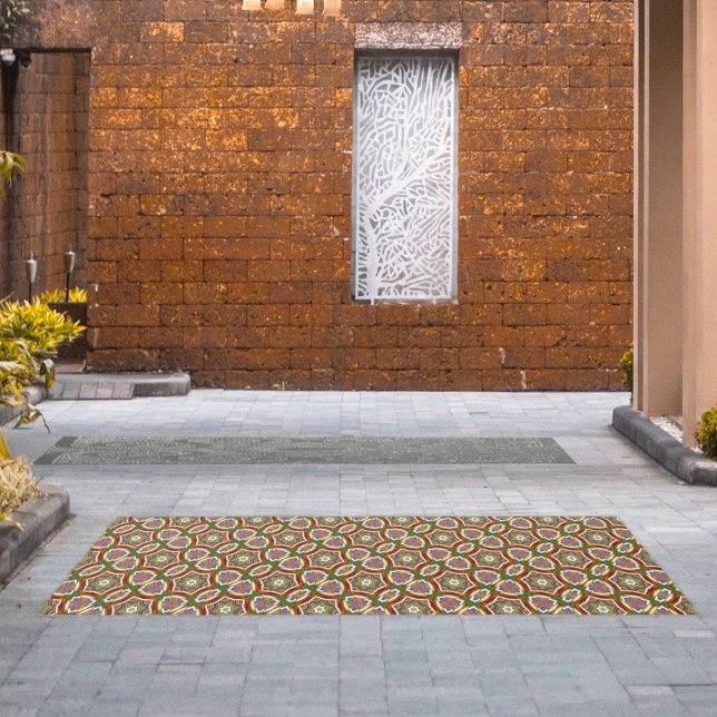 Earth Tones & Green Ethnic Pattern - Decorative Outdoor Rug (Artist's Impression - scale will depend on choice of rug sizes)