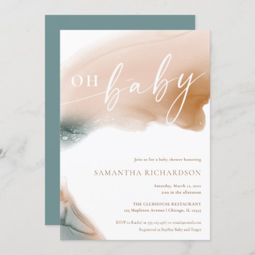 Earth tones modern teal beige tan OH baby shower Invitation