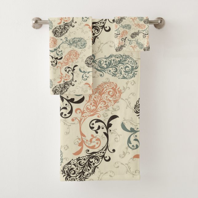Earth Tones Paisley Tan Gray Black Bath Towel Set (Insitu)