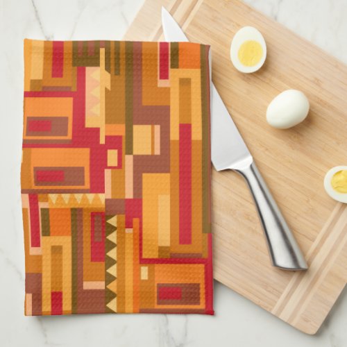 Earth tones red orange brown abstract pattern kitchen towel
