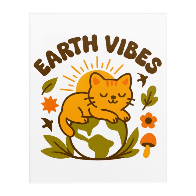 Earth Vibes Eco Cat Illustration Acrylic Print (Front)