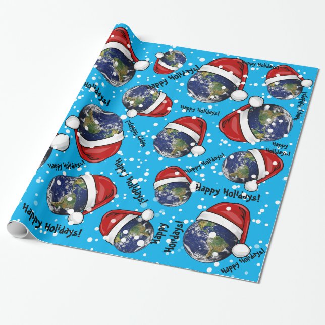 Earth Wearing a Santa Hat Christmas Wrapping Paper (Unrolled)
