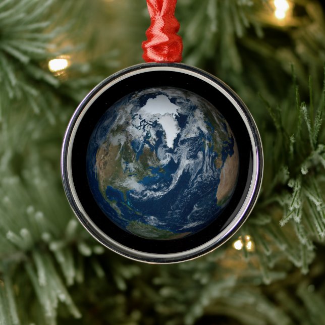 Earth With Clouds And Sea Ice 2 Metal Ornament (Tree)