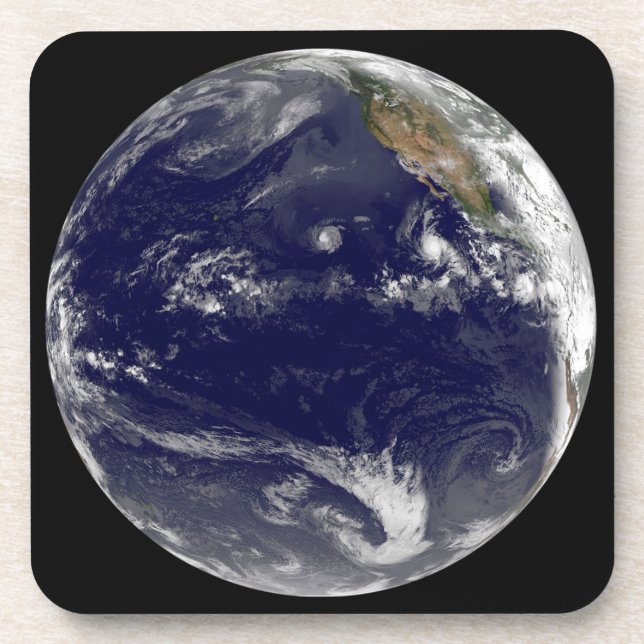 Earth With Three Tropical Cyclones In The Pacific. Beverage Coaster (Front)