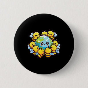 Earth World Globe Bee Kawaii Bees Button
