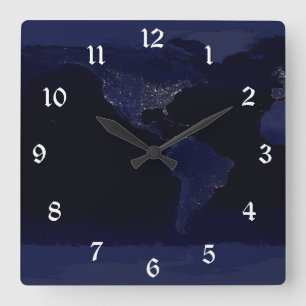 Earth World Map City Lights at Night Satellite Square Wall Clock