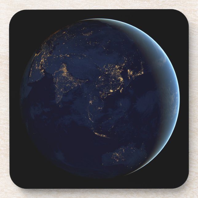 Earth's City Lights At Night On Asia And Australia Beverage Coaster (Front)