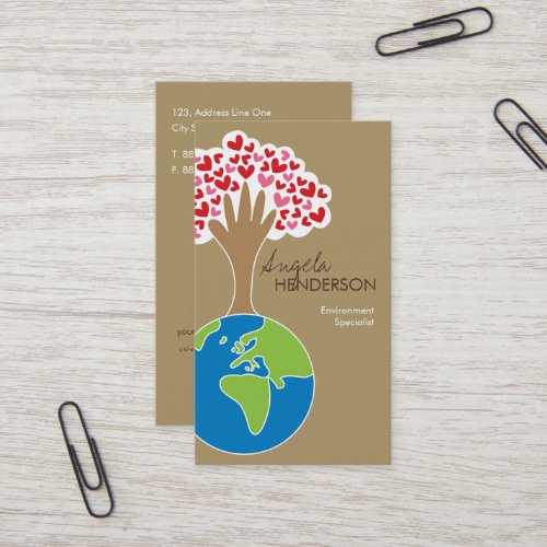 Earths Hand And Red  Pink Hearts Tree Of Love Business Card