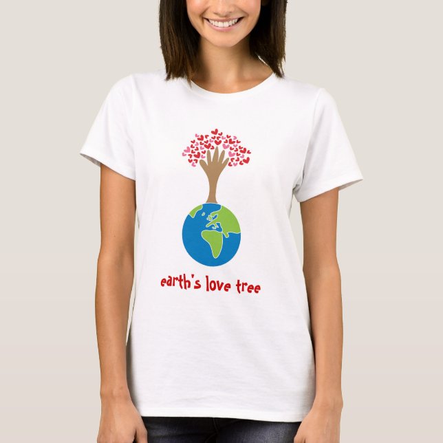 Earth's Hand And Red & Pink Hearts Tree Of Love T-Shirt (Front)