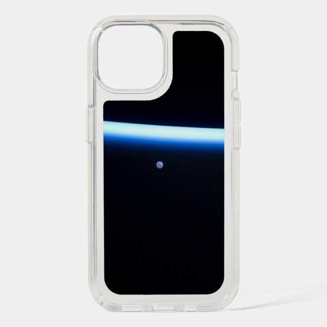 Earth's Thin Line Of Atmosphere And A Gibbous Moon Speck iPhone Case (Front)