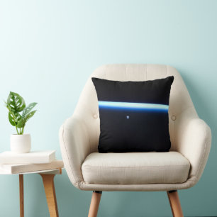 Earth's Thin Line Of Atmosphere And A Gibbous Moon Throw Pillow