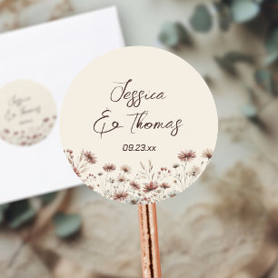 Earthtone Boho Wildflowers Couple's Names Wedding Classic Round Sticker