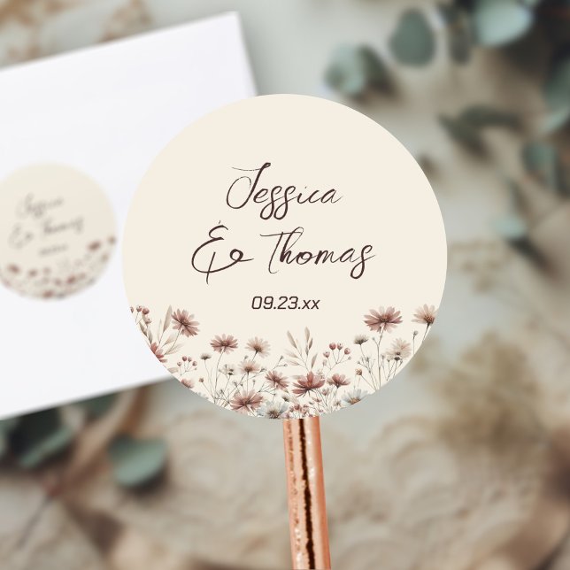 Earthtone Boho Wildflowers Couple's Names Wedding Classic Round Sticker (Creator Uploaded)
