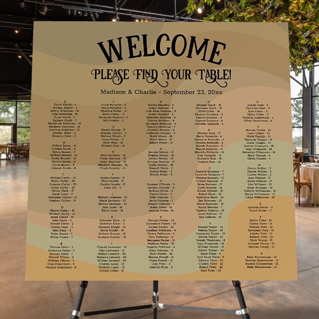 Earthtone Retro Swirls Alphabetical Seating Chart Foam Board (In Situ on Stand at Reception)