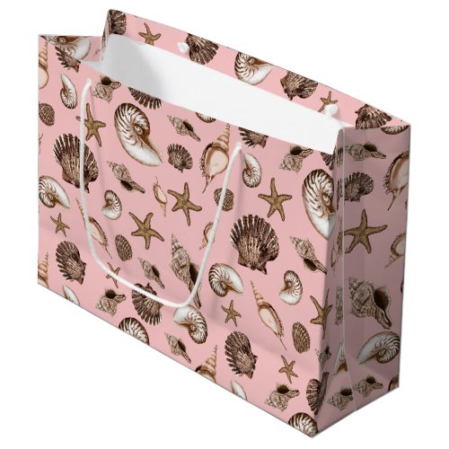 Earthtone seashells on pink  large gift bag