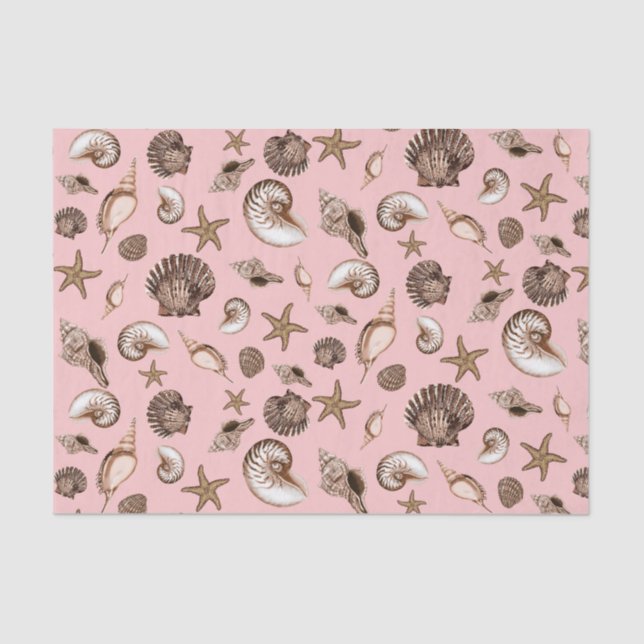Earthtone seashells on pink  tissue paper (Front)