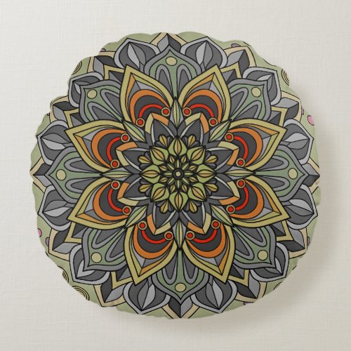 Earthtones Lotus Flower Mandala Design Round Pillow