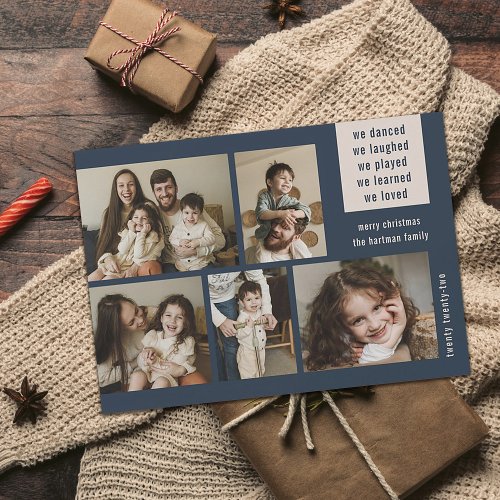 Earthy 5 Photo Collage Year Review Christmas Navy Holiday Card