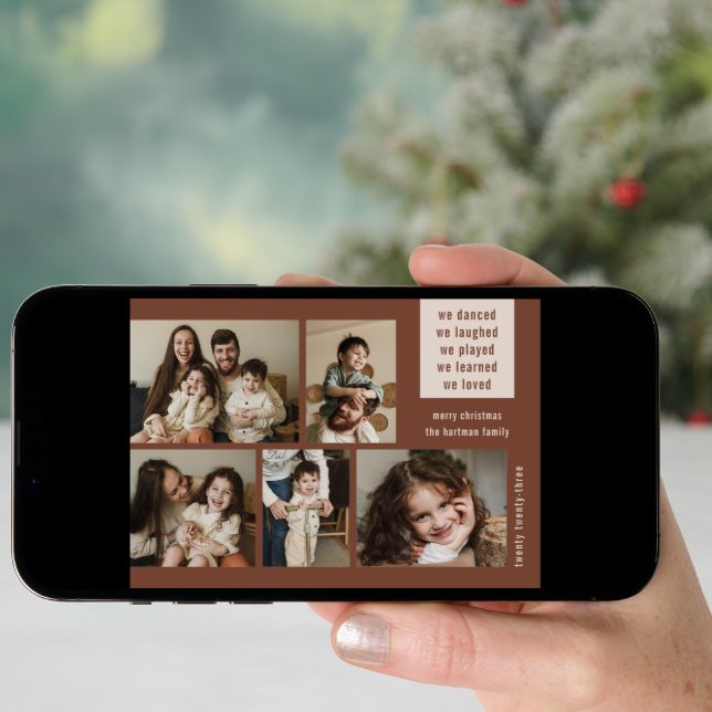 Earthy 5 Photo Collage Year Review Christmas Rust Holiday Card (Front Digital)