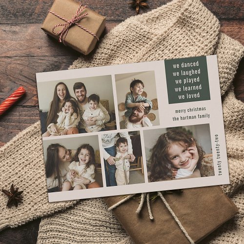 Earthy 5 Photo Collage Year Review Christmas Tan Holiday Card