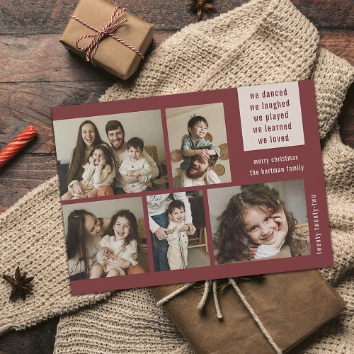 Earthy 5 Photo Collage Year Review Christmas Wine Holiday Card