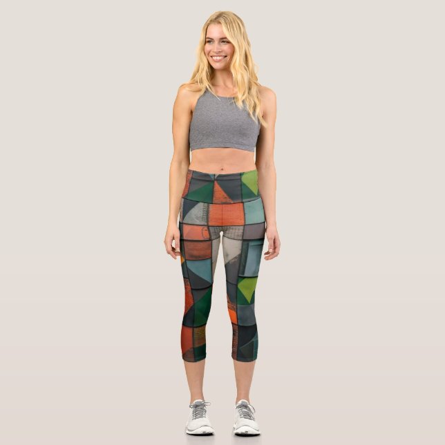 Earthy Abstract Patchwork Yoga Leggings (Front)
