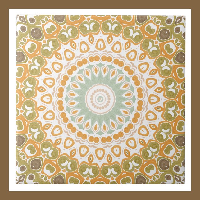 Earthy Amber and Moss Mandala Design Ceramic Tile (Creator Uploaded)