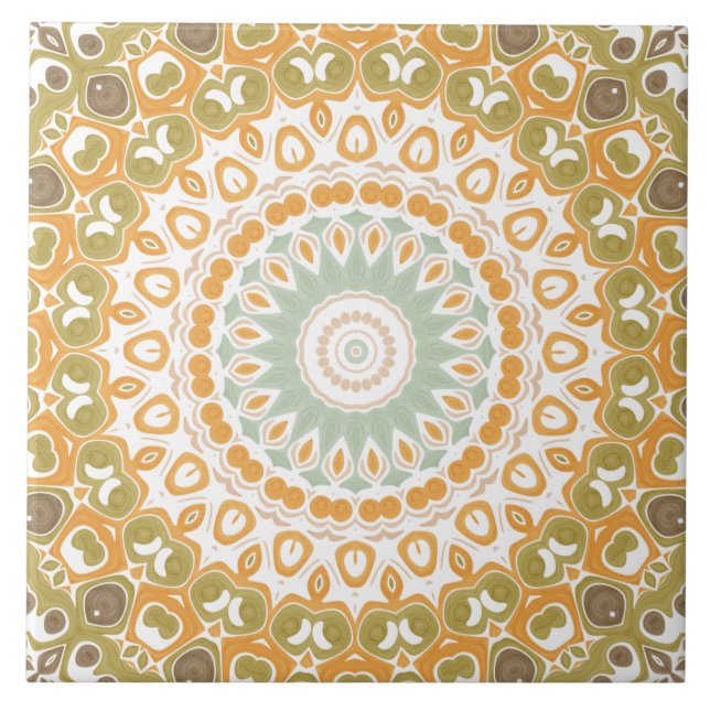 Earthy Amber and Moss Mandala Design Ceramic Tile (Front)