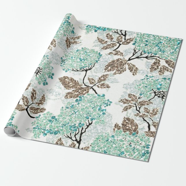 Earthy Aqua Glittery Floral Wrapping Paper (Unrolled)