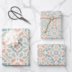 Earthy Arabesque Watercolor Mosaic Tile Set of Wrapping Paper Sheets