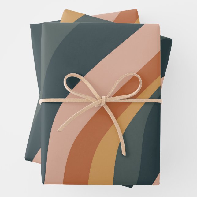Earthy Autumn Abstract Wavy Stripes Modern Green Wrapping Paper Sheets (In situ)