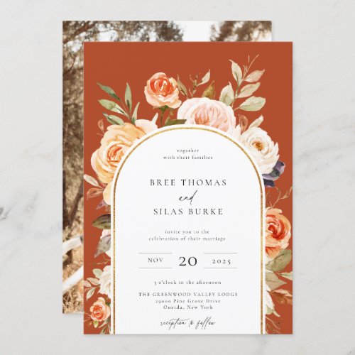 Earthy Autumn Botanical Floral Arch Frame Wedding Invitation